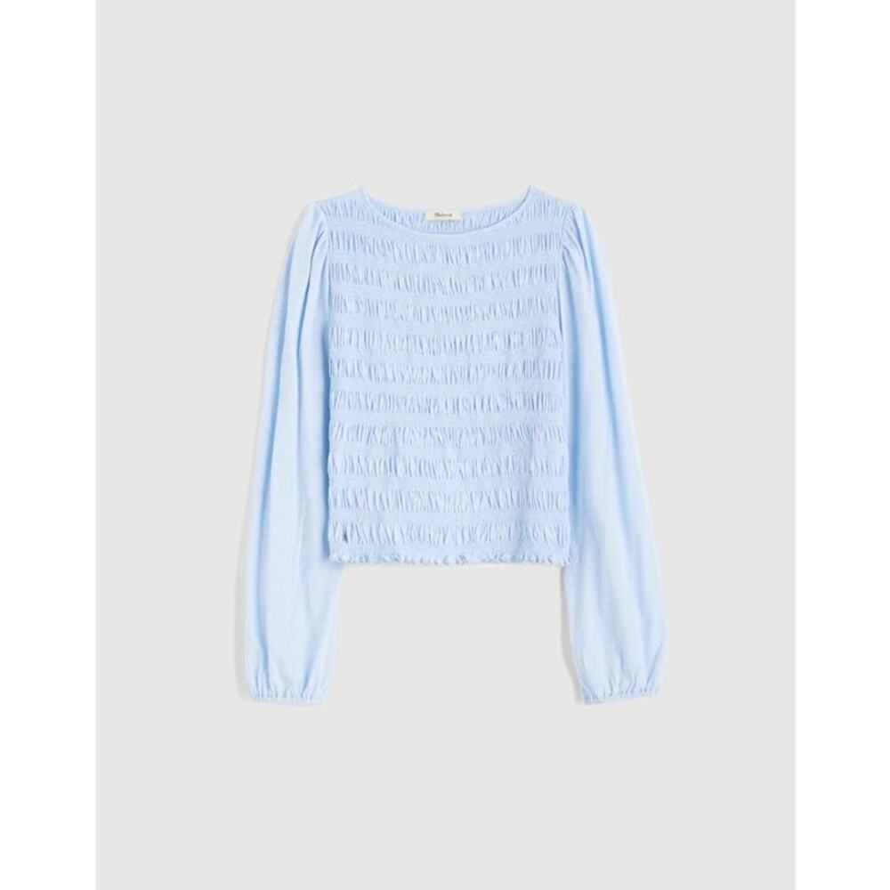 Madewell Smocked Boatneck Top Light Blue Cotton Long Puff Sleeve Stretch M NWT